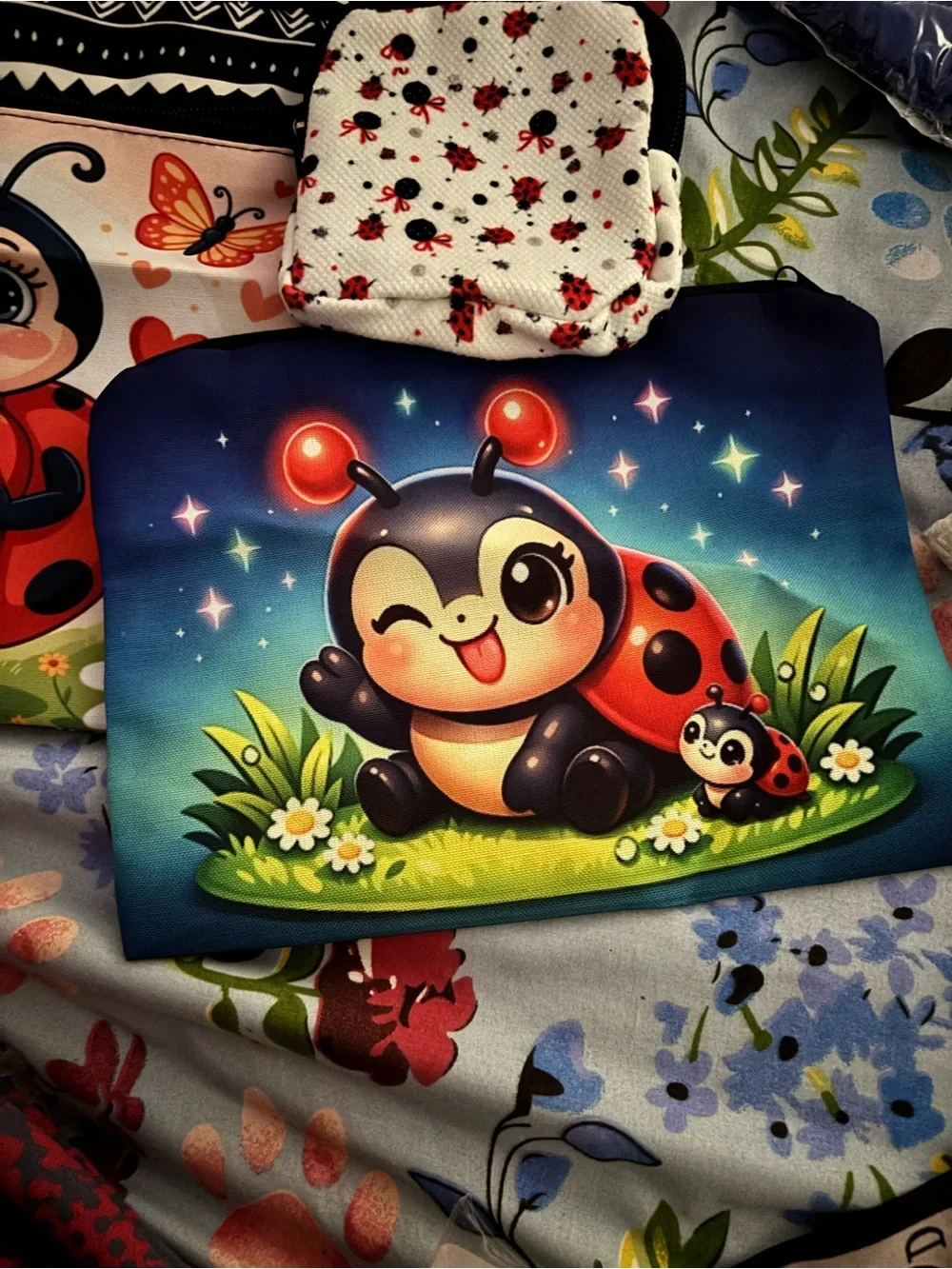 3 piece  Ladybug Crossbody Purse makeup bag and c– Red/Black Cute Cartoon Design